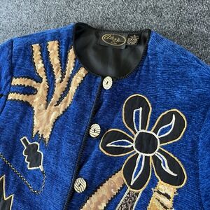 Alex Kim by Allure Blue Gold Embroidered Art Jacket Women's‎ L Vintage 90s